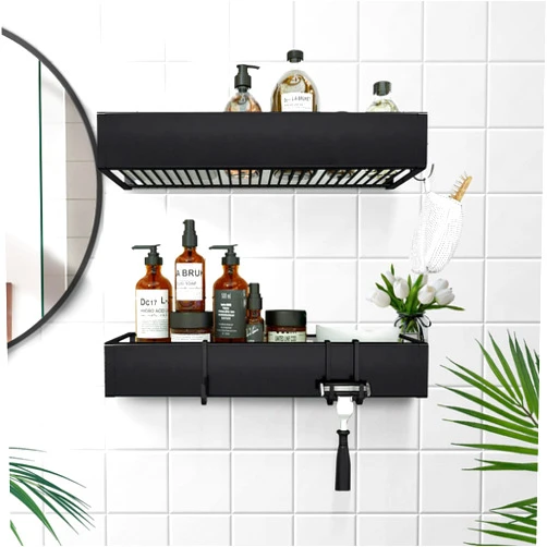 ZWMYYXGS Shower Caddy Adhesive, No Drilling Bathroom Shower Organizer with Removable Hooks, Rust Proof Stainless Steel Shower Rack, Shower Shelves for Inside Shower, Wall-Mounted Shower Holder, 2 Pack (Black)
