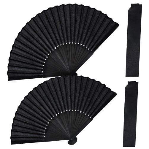 Grevosea 2 Pcs Folding Hand Fan, Black Nylon-Cloth Vintage Retro Fabric Hand Held Fans Chines/Spanish Foldable Fan for Women/Men Wedding Party Favor Performance Dance Home Decorations Festival Gift 15