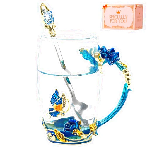 DasyFly Birthday Gifts For Women,Butterfly Flower Glass Tea Cup Sky Blue Rose Coffee Mug For Women Mom Wife Sister Coworker Female Friend on Anniversary Christmas Mothers day Presents