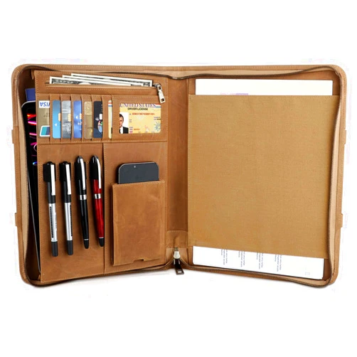 Fshsup Full Grain Leather Portfolio, Padfolio Business Resume Legal Pad Notebook Binder for A4/Pad, Folio Leather Folder, Portfolio Organizer with Zipper for Women/Men