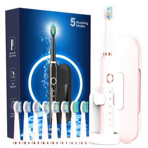 Rtauys M5 Sonic Electric Toothbrush for Adults - Rechargeable Electric Toothbrush with 8 Brush Heads & Travel Case, Power Electric Toothbrush with Holder, 3 Hours Charge for 120 Days - Pink