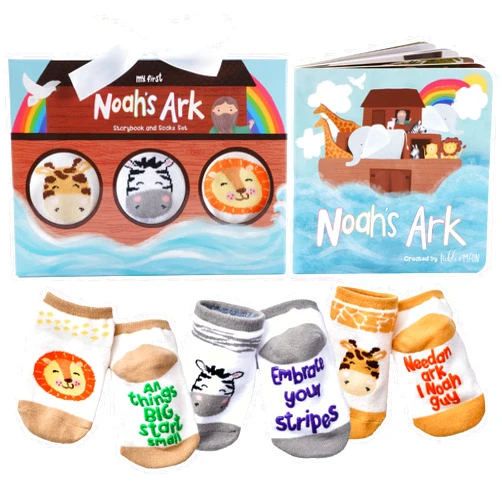 Tickle & Main Noah’s Ark 4-Piece Gift Set for Infants 0-12 Months, includes Storybook and 3 Pairs of Animal Socks Noah Arc Noahs Ark Book for Baby