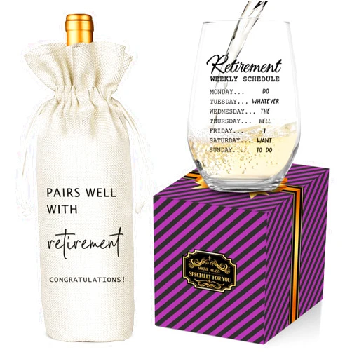 Socive Retirement Gifts for Women Men, Funny Retirement Wine Glass and Wine Bag Set, Best Retired Gifts for Friends Cowkers Doctors Nurses Teachers Boss-PAIRS WELL WITH RETIREMENT