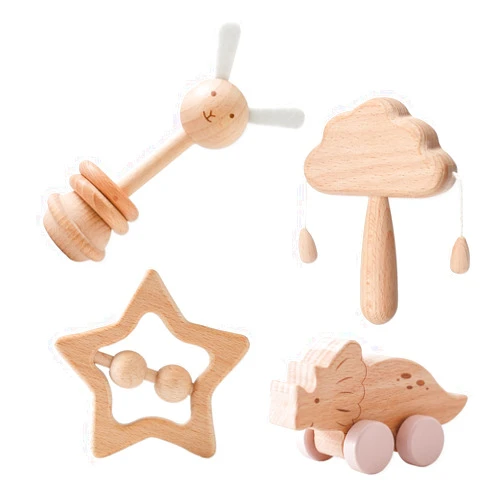 WOODEN TEETHER Wooden Baby Toys 4 Pcs Montessori Toys Set Wooden Rattles Grasping Toys Wood Ring,Pick-up Dinosaur Car Toy Set
