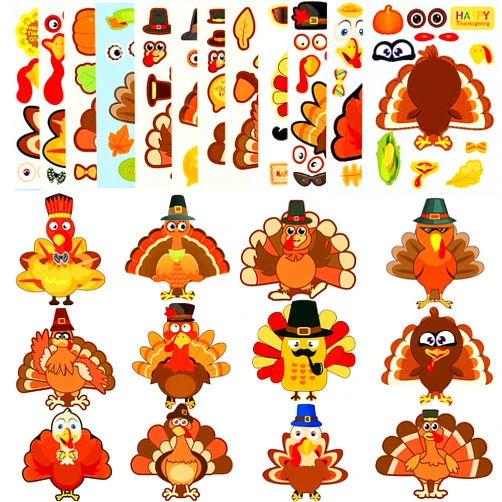 Yodeeni 36 Sheets Thanksgiving Make-A-Turkey Stickers, Thanksgiving Crafts for Kids, Thanksgiving Make Your Own Turkey Stickers DIY Games Stickers for Fall Family Classroom Party Favors