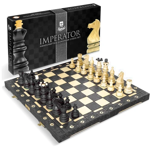 Wegiel Imperator 21-Inch Luxury Wooden Chess Set for Adults and Kids - Handcrafted from Premium Beech and Birch Wood - Unique Folding Design with Chess Piece Storage, Black