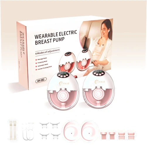 Coolle Electric Breast Pump Hands Free Wearable Portable Breastfeeding Pumps Wireless Quiet Anti-Leaking with Voice Broadcast Heating 4 Mode 12 Levels Suction Double 24mm (Pink)