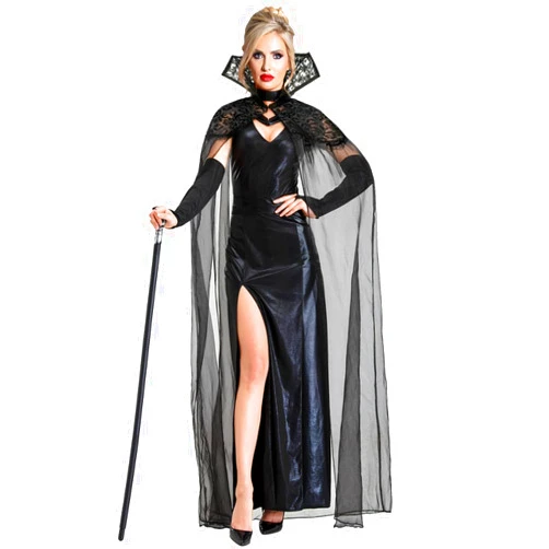 Joukavor Gothic Long Black Tulle Vampire Cape with Stand-Up Lace Collar for Women