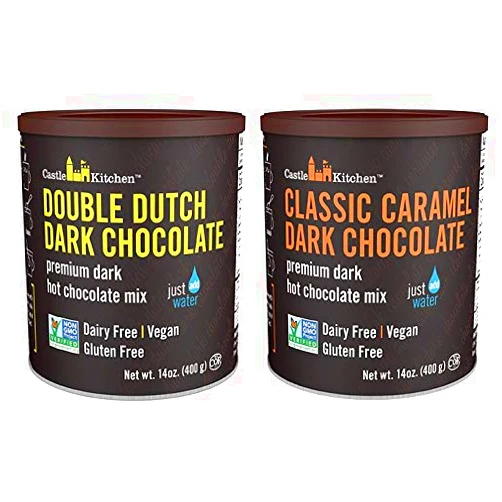 Castle Kitchen Natural Hot Chocolate Mix Variety Pack - Dairy-Free, Vegan Complete Mixes - Just Add Water - Pack of 2 (Classic Caramel Dark Chocolate & Double Dutch Dark Chocolate) 14 oz Each