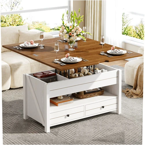 ONBRILL Farmhouse Lift Top Coffee Table with 2 Storage Drawers, Rustic Center Table with Large Hidden Storage Compartment,Coffee Table Converts to Dining Table for Living Room, Brown and White