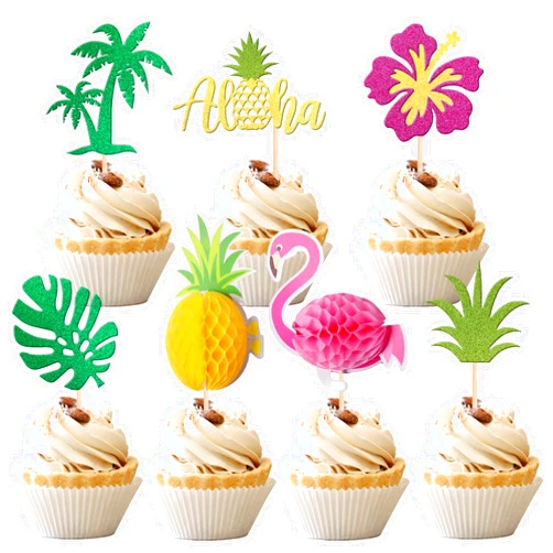 ZHUOWEISM 28 PCS Tropical Cupcake Toppers Glitter Leaf Pineapple Flower Palm Tree Flamingo Cupcake Picks Aloha Cake Decorations for Summer Hawaiian Luau Theme Baby Shower Birthday Wedding Party Supplies