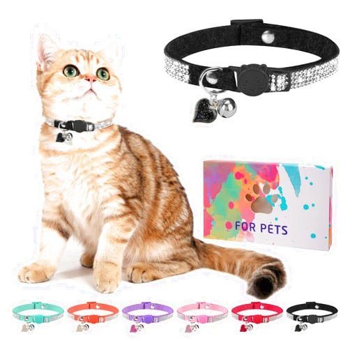 DILLYBUD Rhinestone Cat Collar Breakaway with Bell, Diamond Cat Collar with Safety Buckle Quick Release for Girl Boy Small Kitten Pets Puppy,Cute Soft Female Male Cat Collars, Color Black 7-9