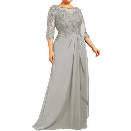 Clixsy Mother of The Bride Dresses Lace Appliques - Scoop Neck Ruffles Long Formal Dress with 3/4 Sleeves