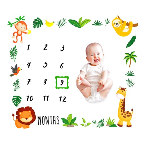Tebaby Baby Monthly Milestone Blanket Boy - Jungle Animals Neutral Newborn Month Blanket for Boy & Girl Personalized Shower Gift Safari Nursery Decor Photography Background Prop with Frame Large 51''x40''