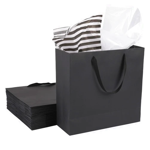 Moretoes 15pcs Black Gift Bags with Handles Large Gift Bags with Tissue Paper, Valentine's Day Bag,12.5