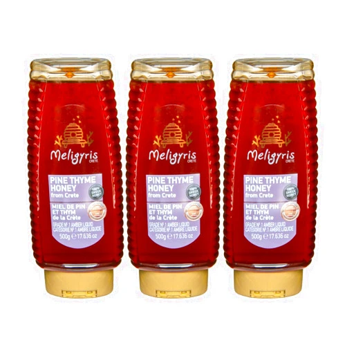 Stefanakis Manolis Apiary Center Meligyris 3 Pack - Meligyris Pure Pine Thyme Greek Honey from Crete - 100% Pure, Raw, and Unfiltered, Non-GMO - 3 x 17.636 oz Squeezable Bottle
