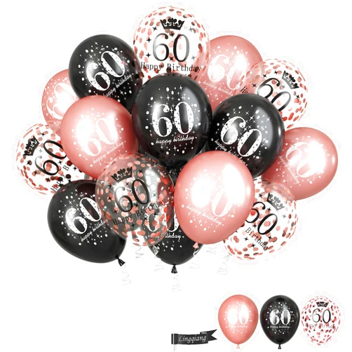 Lingqiang Rose Gold Black Happy 60th Birthday Balloons, 60th Birthday Decorations for Women, Black Rose Gold Confetti 60th Latex Helium Balloons for Age 60 Years Old Birthday Party Decor Celebration Supplies