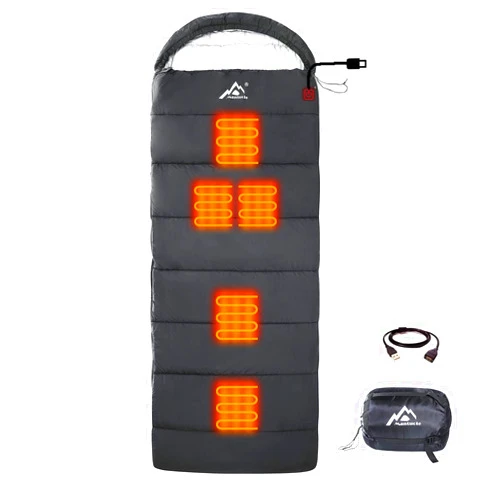 Mantuole Rectangular Heated Sleeping Bag Envelope Style 5pcs Multi USB Power Support Heating Pads, Operated with Battery Power Bank or Other USB Power Supplies, Envelope-Black-3D Heating