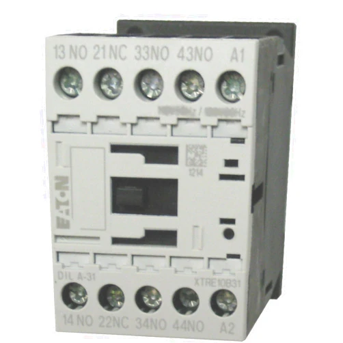 Eaton / Moeller DILA-31 4 pole control relay with a 24 volt DC coil. Comes with 3 N.O. and 1 N.C. base contacts, rated for 16 AMPS and mounts on standard 35mm DIN rail