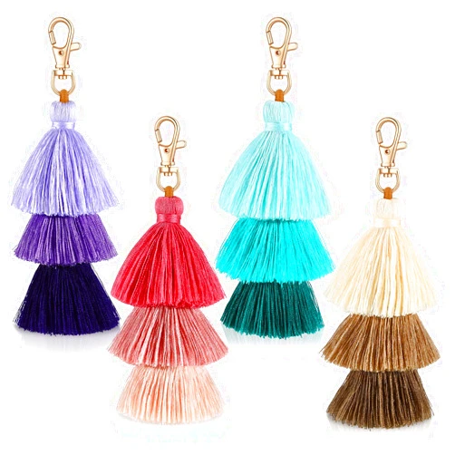 Junkin 4 Pieces Pom Pom Tassel Keychain Colorful Backpack Keychain Women Cute Bag Charms Bohemian Purse Tassels Bag Charm Handbag Purse Pendant Key Chain