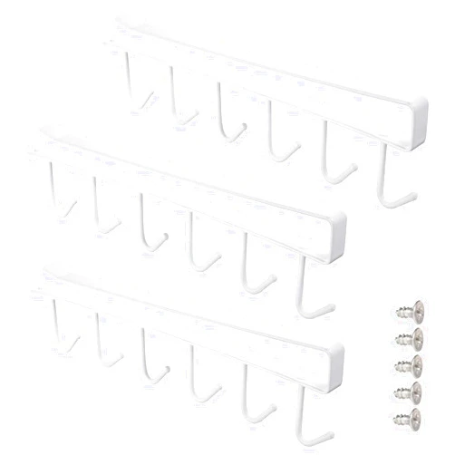 Achoulei Fusiontec 3pcs Mug Hooks Under Cabinet Mug Holder Rack,Drilling Free Coffee Cups Holder Hanger for Cups/Kitchen Utensils/Ties Belts/Scarf/Keys Storage,Fit for 0.8inch Thickness Shelf or Less (White)