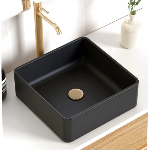 KES Black Bathroom Vessel Sink 14 Inch Above Counter Square Ceramic Countertop Sink for Cabinet Lavatory Vanity, BVS122-BK