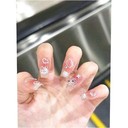 Pethawata Handmade French Press on Nails Short Coffin - Blush Cat Eye with 3D Cartoon Cat Design 10Pcs(M)