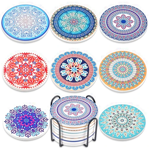 Newk Coasters for Drinks, Set of 8 Ceramic Absorbent Coasters with Metal Holder, Light Colorful Mandala Patterns Coasters for Coffee Table, Great Housewarming Gifts