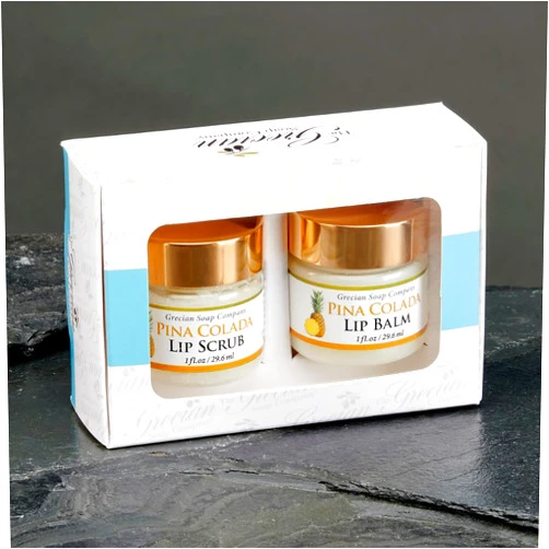 The Grecian Soap Company Grecian Ultimate Lip Care Gift Set Pina Colada Flavor - All-Natural Handmade Lip Scrub Exfoliator & Lip Balm for Dark Lips, 4 Flavors, Lip Lightening & Hydration, Soft and Plump 2oz