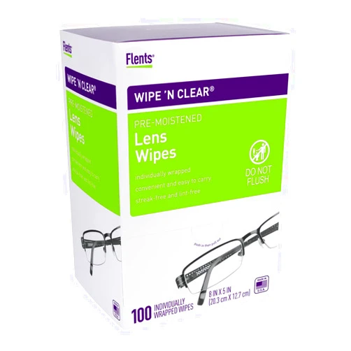 Flents Lens Wipes, Wipe 'N Clear, 100 Count, Pre-Moistened, Streak-Free, Safe for Glasses, Sunglasses, Anti-Fog, Gentle Cleaning, Clear Vision, Individually Wrapped for Travel & Convenience