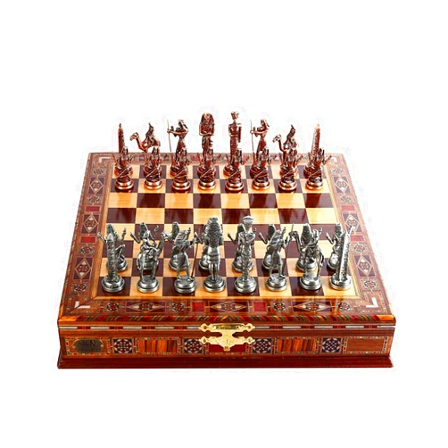 GiftHome Egypt Pharaoh Antique Copper Figures Metal Chess Set for Adults Handmade Pieces and Natural Solid Wooden Chess Board with Pearl Design Around Board and Storage Inside King 3.4inc