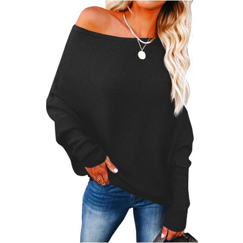 ANRABESS Womens Off Shoulder Sweaters 2025 Fall Long Batwing Sleeve Loose Fit Knit Tops Casual Pullovers Jumpers