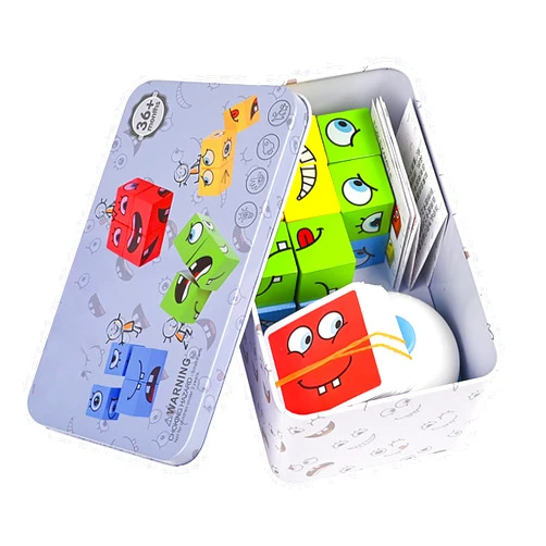 ALaLatois Large Wooden Face Expression Puzzle Building Cubes Manipulatives Face Changing Magic Cube Puzzles Matching Game with Bell Logical Thinking Training Brain Educational Montessori STEM Toys