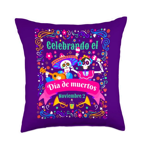 Sugar Skull Día de Los Muertos Art by NLTS Celebrando El Día De Muertos Sugar Skulls Partying Throw Pillow, 18x18, Multicolor