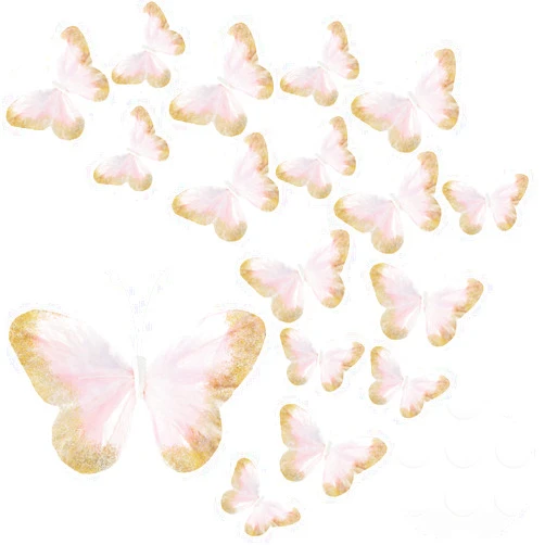 Maitys 16 Pieces Feather 3D Butterfly Wall Decals Gold Glitter Butterfly Decor Stickers for Room Offices Bedroom Bathroom Living Room Decor(Light Pink)