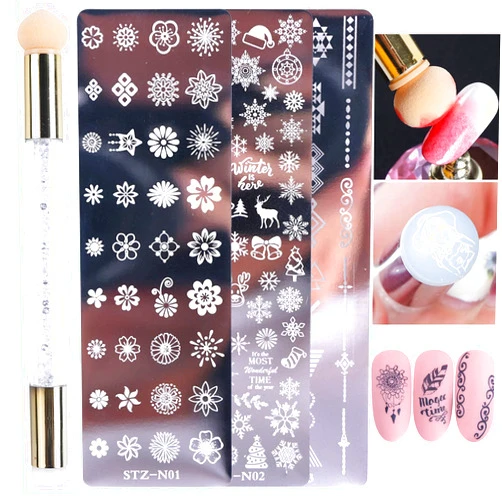 VOLODIA White Nail Stamping Plates Set Silicone Sponge Brush Transfer Stencils Flower Geometry DIY Template Tool