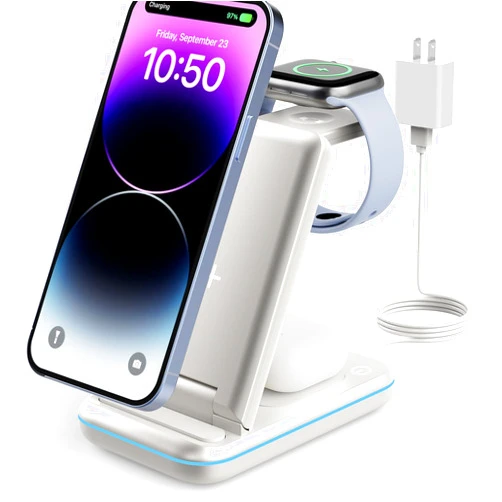 GEEKERA Wireless Charging Station - GEEKERA 3 in 1 Foldable Wireless Charger Stand for iPhone 15/14 13 12 11 Pro Max/X/8, Charging Station for Apple Watch Ultra/2/9/SE/8/7/6/5/4, AirPods 2/3/Pro…