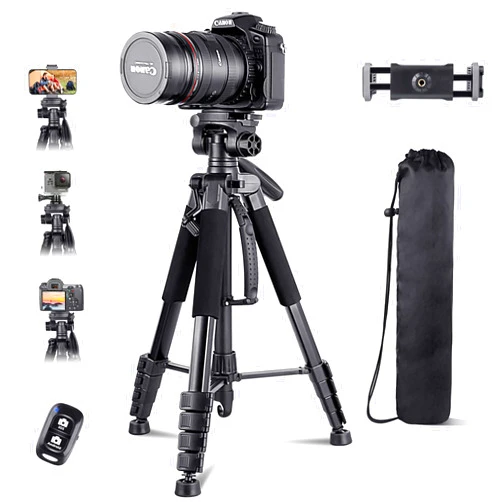 Torjim 74” Camera Tripod with Travel Bag, Extendable Cell Phone Tripod Stand with Wireless Remote and Phone Holder, Compatible with All Cameras/iPhone/Android/Sport Camera
