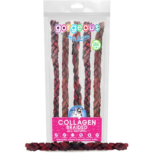 Gorgeous treats and chews Beef Collagen 12 Inch | (Braided (5 Count)) | High in Protein | All Natural Chew for Dogs | 100% Digestible | Chondroitin & Glucosamine Source | Good for Dental Health