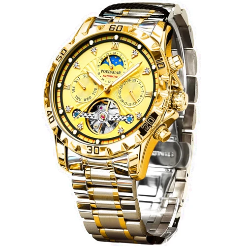 FORSINING Mechanical Men's Watch, Moon Phase Tourbillon Automatic Self-Wind Wristwatch, Luxury Stainless Steel Band 43mm Big Dial Mens Wrist Watch with 3 Sub Dial