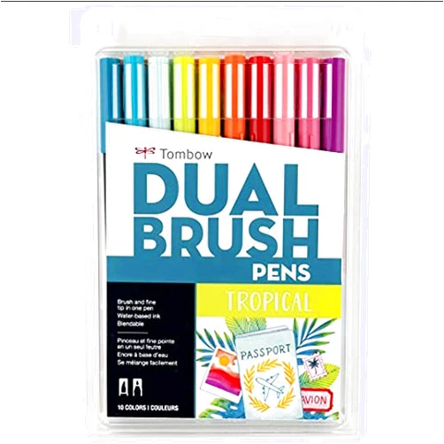 Tombow 56189 Dual Brush Pen Art Markers, Tropical, 10-Pack. Blendable, Brush and Fine Tip Markers