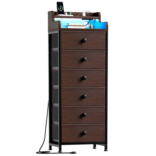 REAHOME Dresser for Bedroom with Charging Station and LED Lights, 6 Drawers Dresser Brown Chest of Drawers with Shelves, Tall Night Stand with Sturdy Steel Frame & Wood Top for Bedroom - Dark Brown