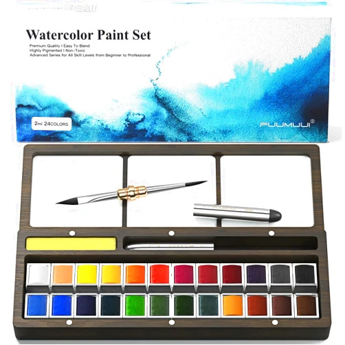 Fuumuui Watercolor Paint Set, 24 Watercolor Paints with Dual Tip Travel Watercolor Brushes Wooden Palette, Art Supplies for Painting, Travel Watercolor Set, Amateur Hobbyists
