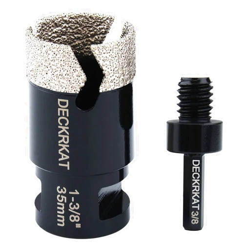 DECKRKAT Diamond Core Drill Bit Vacuum Brazed 1-3/8” 35mm Diamond Hole Saw with Flutes for Granite Quartz Hard Porcelain Tile with 5/8-11 Female Thread & 3/8” Hex Shank Adapter Fit Angle Grinders & Drills