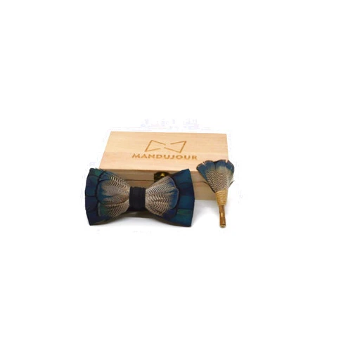 Mandujour Denver Blues Feather Bow Tie and Lapel Pin Set | Handmade Gift for Men | Mandujour