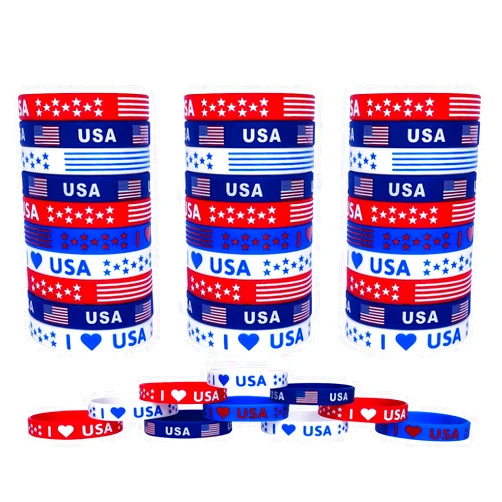 JAKADYUKS American Flag Silicone Bracelet 40Pcs, Patriotic Party Fourth 4th of July Party Accessories Wristband USA Veterans Day Red White and Blue Decoration Memorial Day Favors