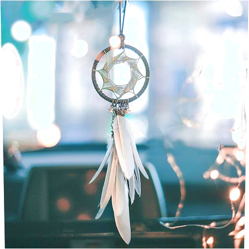 Alynsehom Dream Catcher Car Interior Rearview Mirror Hanging Decor Handmade Grids Nature Feather Small Boho Car Charms Pendant Accessories (Grey feather)