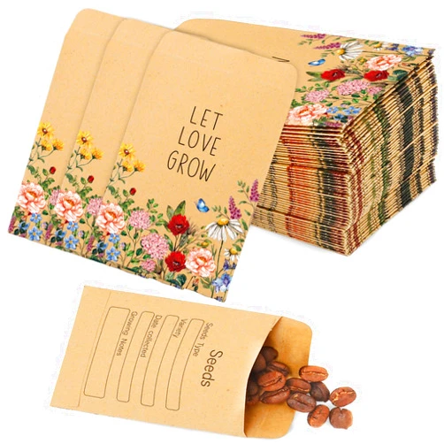 FYSUIMU 100Pcs Wildflower Seed Packets Let Love Grow Self-Adhesive Kraft Envelopes Rustic Floral Seed Storage Pockets for Garden Office Party Favors Supplies, 3.15 x 2.4 Inch