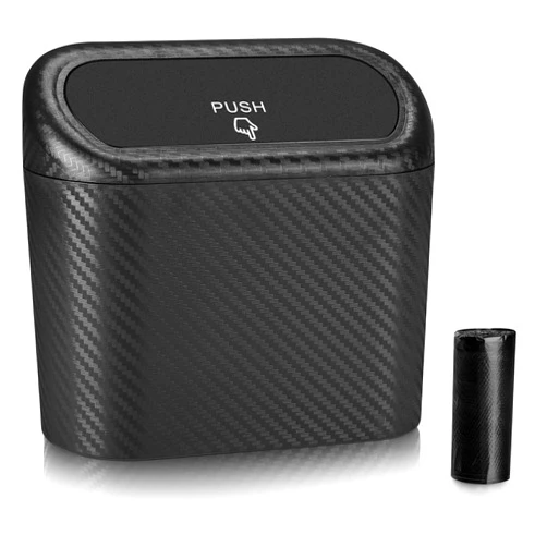 Accmor Car Trash Can with Lid, Mini Vehicle Trash Bin Portable Car Dustbin Garbage Organizer Holder with One Roll Trash Bag, Small Hanging Leakproof Auto Storage Bag Container (Carbon Fiber)