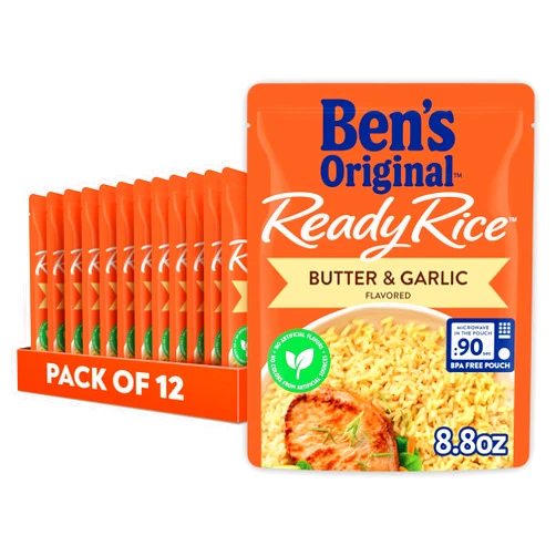 BEN'S ORIGINAL Ready Rice Butter and Garlic Flavored Rice, Easy Dinner Side, 8.8 oz Pouch (Pack of 12)